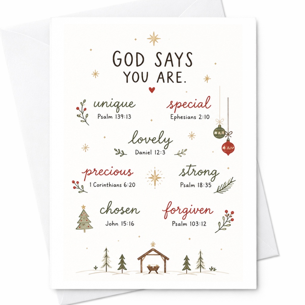 God Says You Are. Religious Encouragement Christmas Card Inspirational Scripture Verses Holiday Card Christian Faith C6449