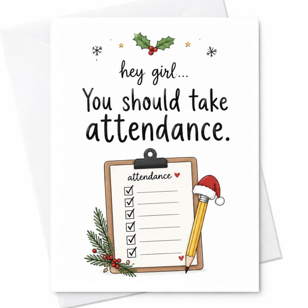 Hey Girl... You Should Take Attendance. Funny Christmas Card Holiday Greeting Card For Her Cute Festive Card With Checklist C6452