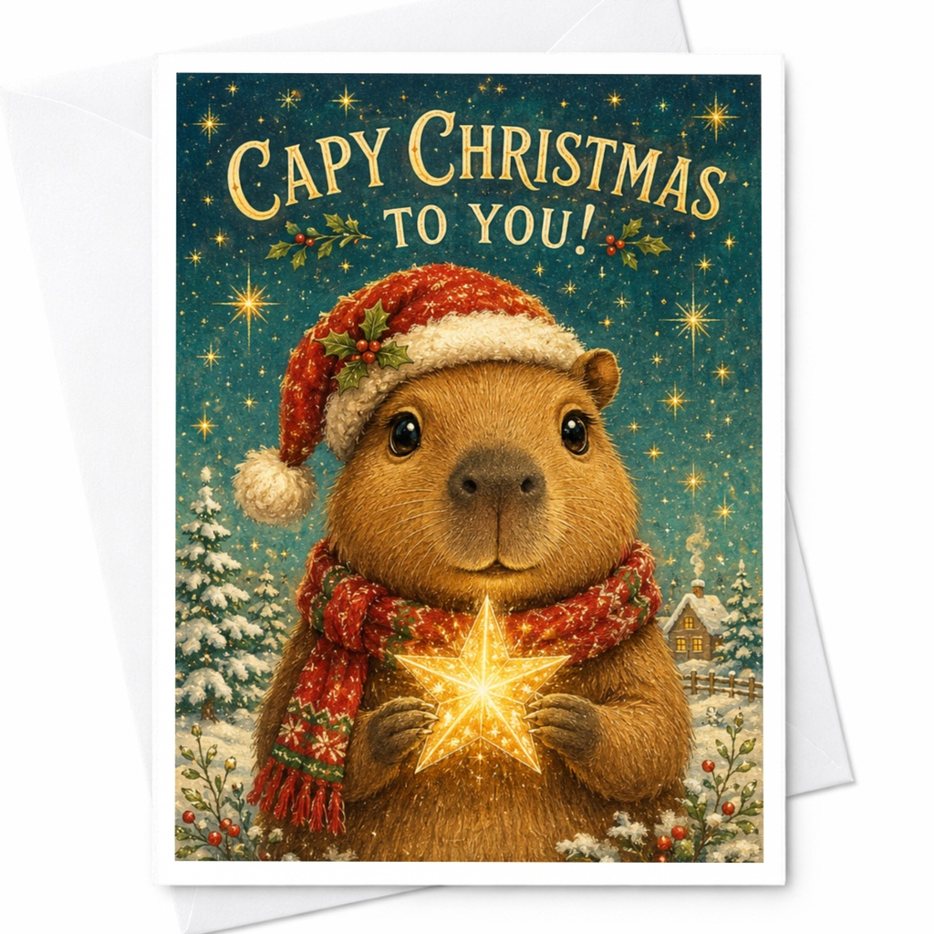 Capy Christmas To You! Cute Capybara Christmas Card Holiday Greeting Card Animal Lover Festive Card With Santa Hat Star C6381