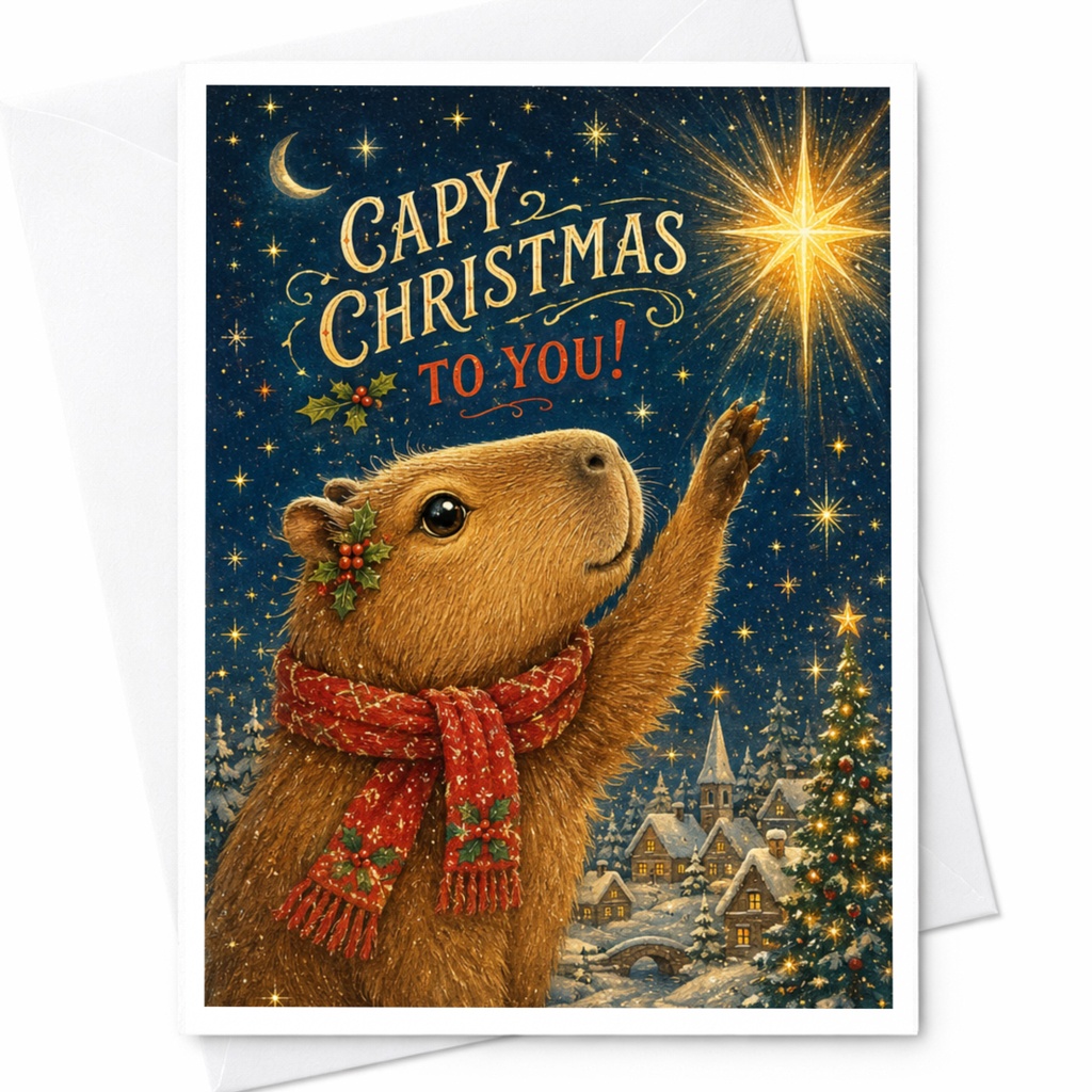 Capy Christmas To You! Cute Capybara Christmas Card Animal Lover Holiday Greeting Card Festive Winter Scene For Her Him C6382