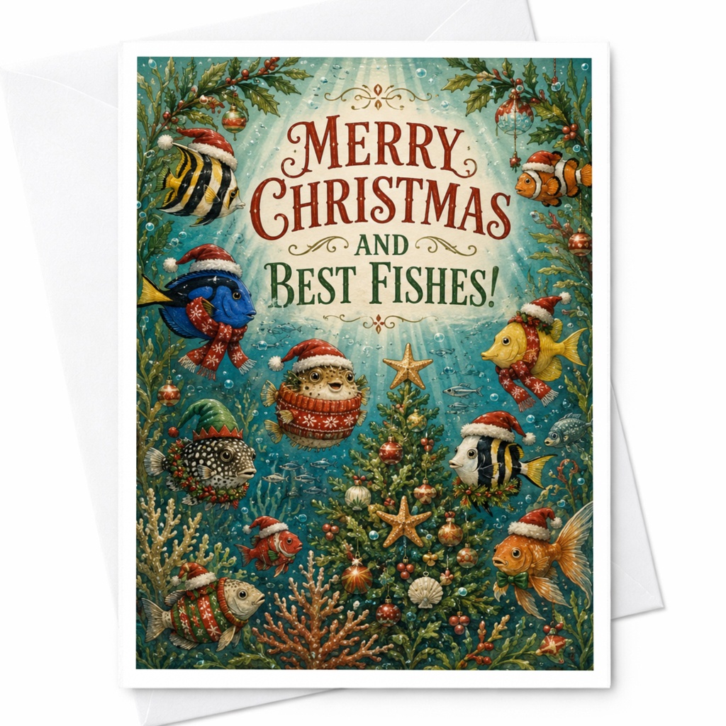 Merry Christmas And Best Fishes! Festive Fish Christmas Card Cute Holiday Greeting Card For Ocean Lovers Funny Xmas Card C6385