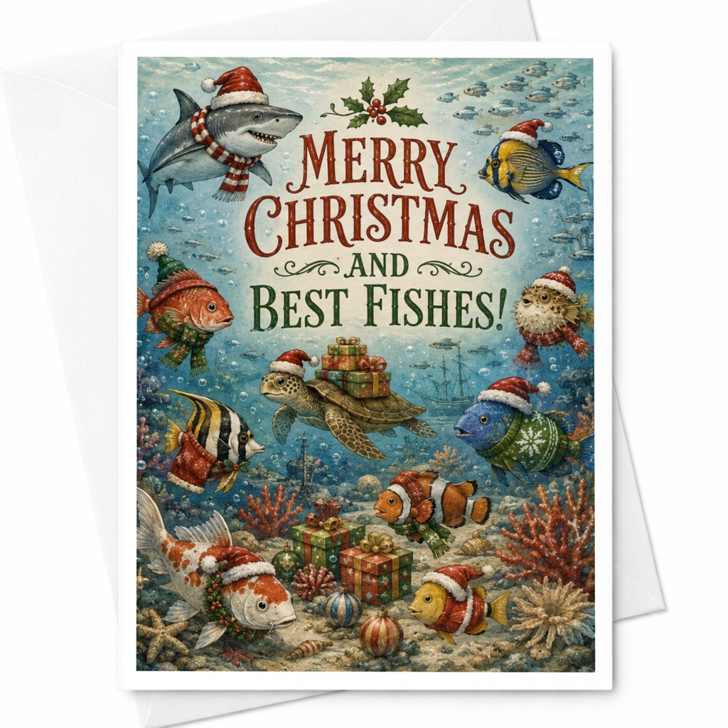 Merry Christmas And Best Fishes! Cute Christmas Card Underwater Holiday Greeting Card For Fish Lover Ocean Theme C6387