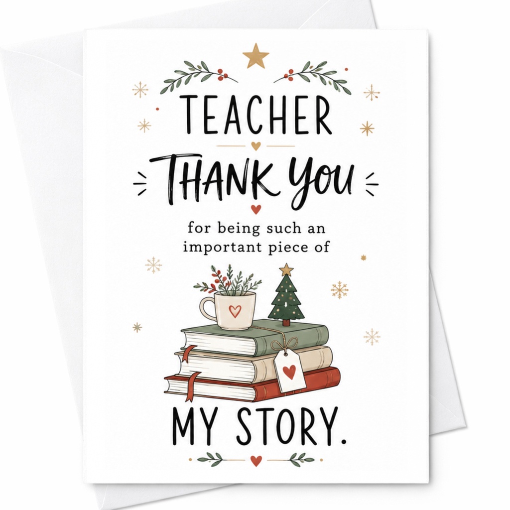 Teacher Thank You For Being Such An Important Piece Of My Story. Holiday Thank You Card For Teacher Appreciation Cute Christmas Ca C6461