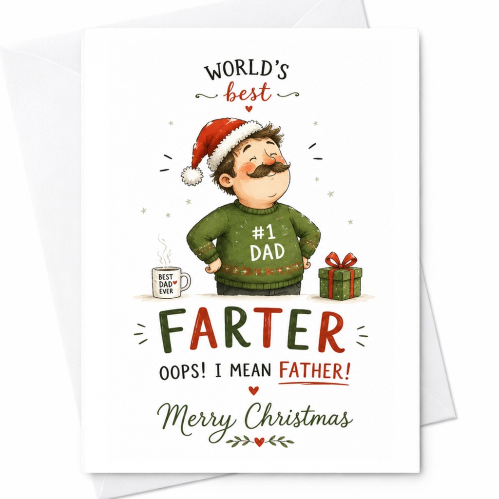 World's Best Farter Oops! I Mean Father! Merry Christmas Funny Dad Christmas Card #1 Dad Holiday Card From Kids C6462