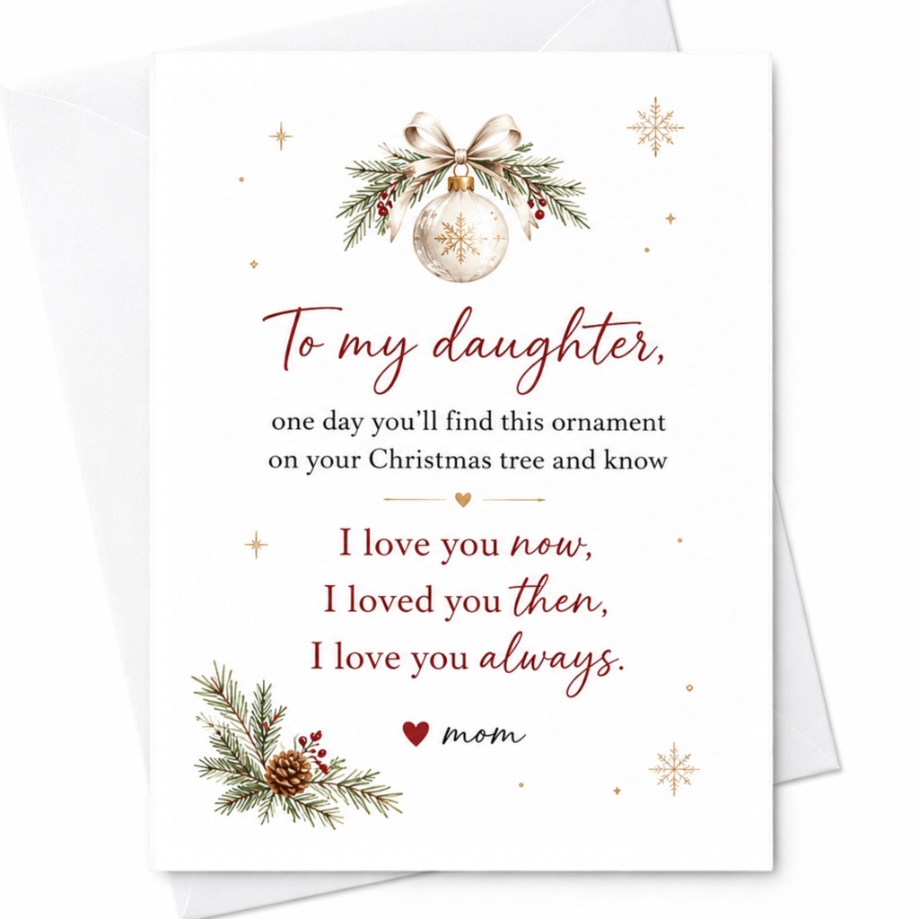 To My Daughter Christmas Card I Love You Now Then Always Mom Sentimental Holiday Greeting Card Ornament Theme C6474