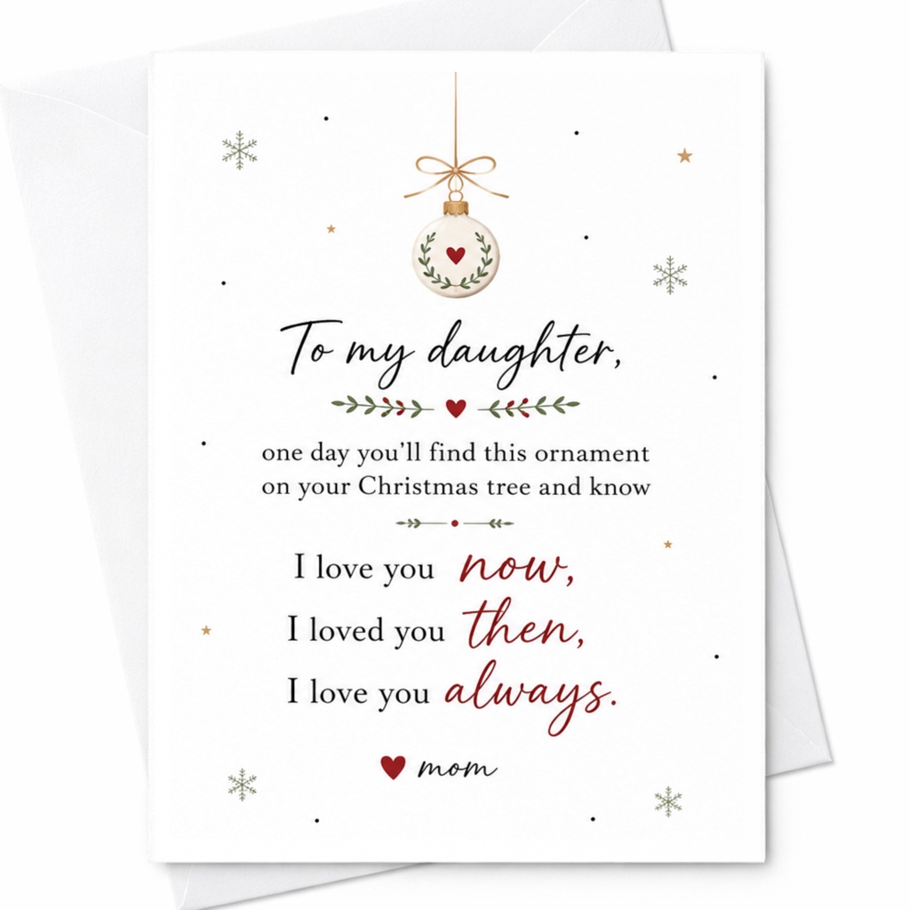 To My Daughter Christmas Card I Love You Now Then Always Mom Heart Ornament Holiday Greeting Card Sentimental Xmas Card C6475
