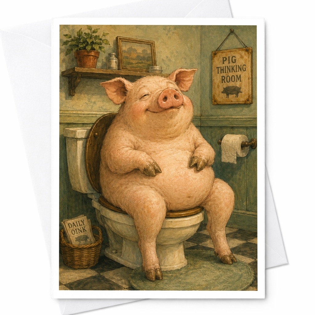 Pig Thinking Room Funny Greeting Card Pig Illustration Bathroom Card For Animal Lover Cute Everyday Card C6395