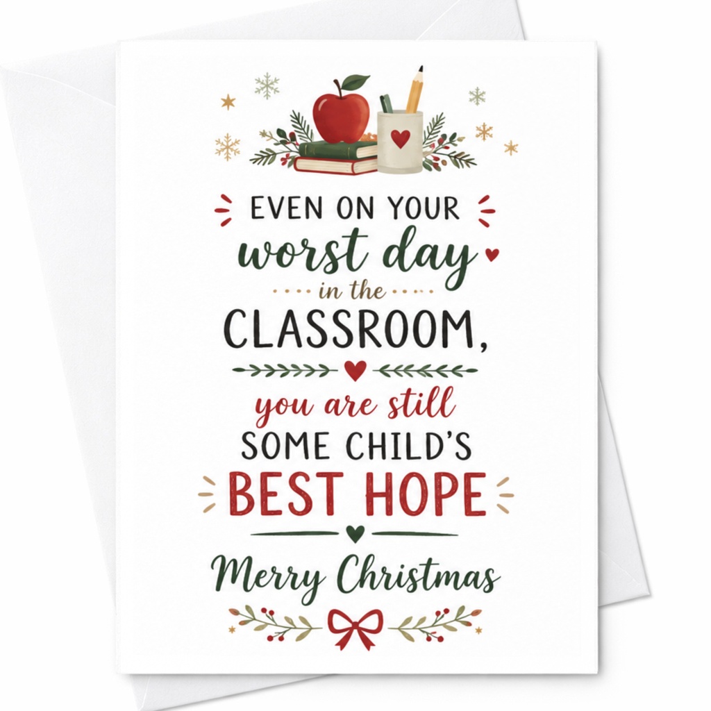 Even On Your Worst Day In The Classroom, You Are Still Some Child's Best Hope Merry Christmas Teacher Appreciation Card C6401