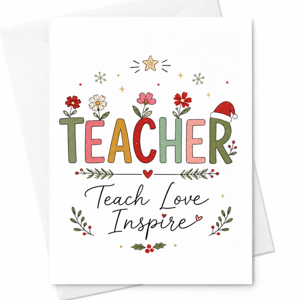 Teacher Teach Love Inspire Christmas Card Festive Holiday Greeting Card For Teacher Appreciation Cute Floral C6403