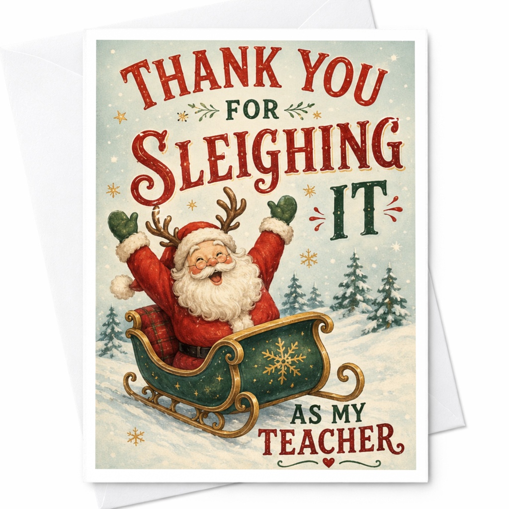 Thank You For Sleighing It As My Teacher Christmas Thank You Card Santa Sleigh Holiday Greeting Card For Teacher C6407
