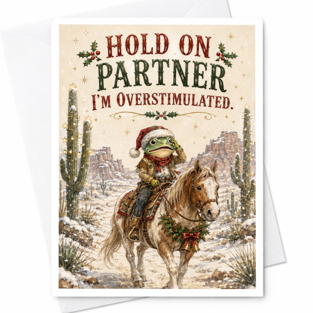 Hold On Partner I'm Overstimulated Funny Christmas Card Frog Cowboy Holiday Greeting Card Cute Animal For Friend C6414