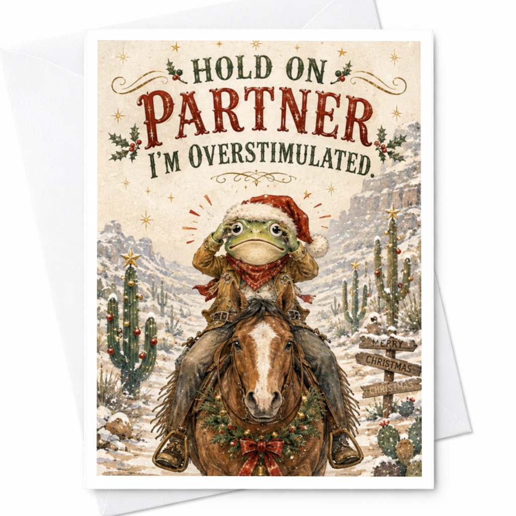 Hold On Partner I'm Overstimulated Funny Christmas Card Frog In Santa Hat On Horse Cute Holiday Card For Friend C6415
