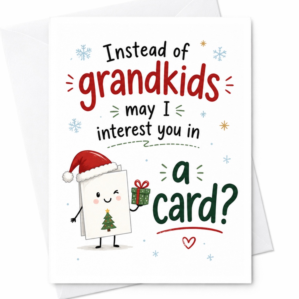Instead Of Grandkids May I Interest You In A Card? Funny Christmas Card For Parents Cute Holiday Greeting Card With Santa Hat C6417