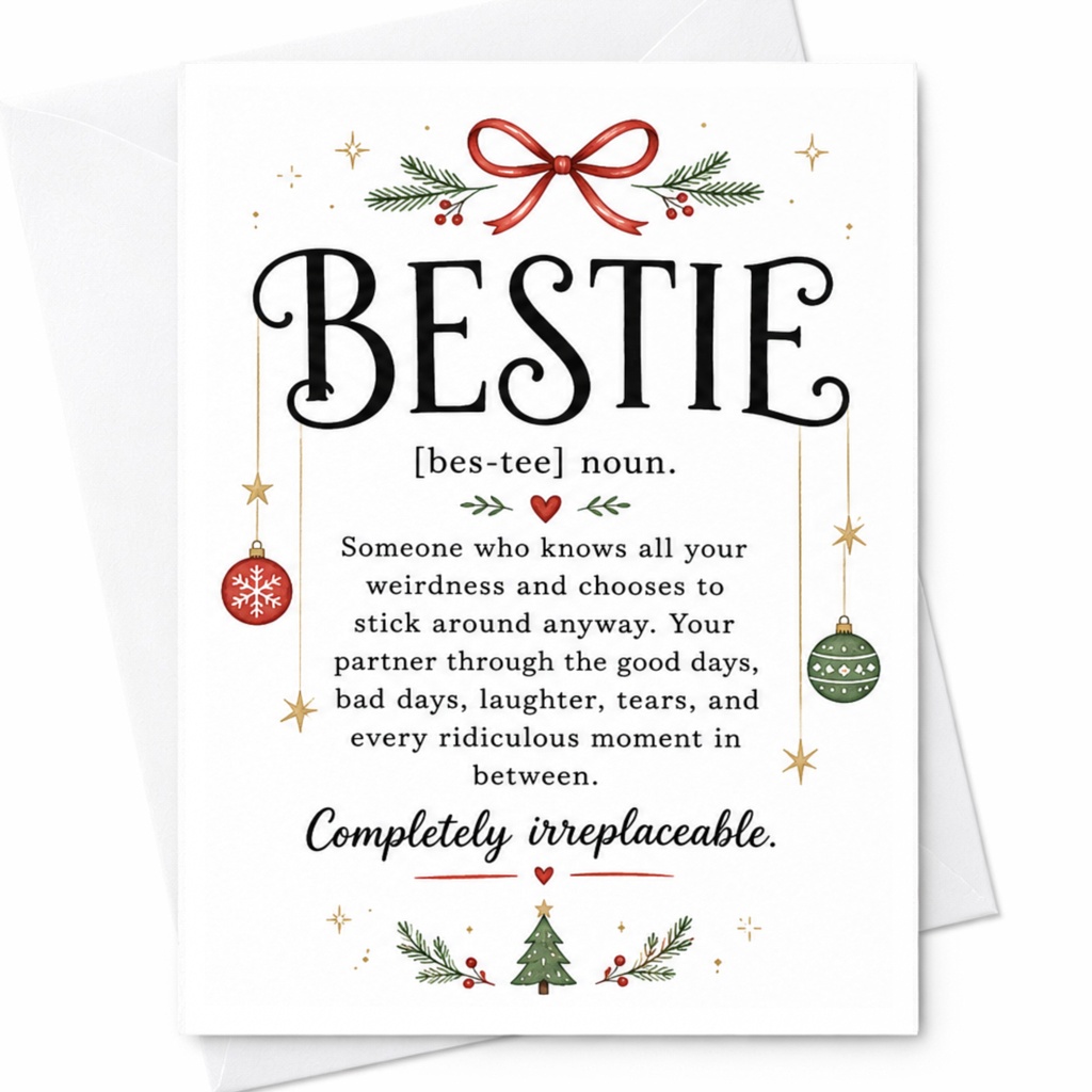 Bestie Definition Friendship Card Cute Holiday Card For Best Friend Christmas Card Funny Bestie Card Completely Irreplaceable C6421