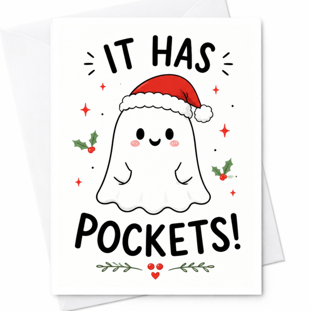 It Has Pockets! Cute Ghost Christmas Card Funny Holiday Greeting Card For Her Santa Hat Festive Xmas Card C6424