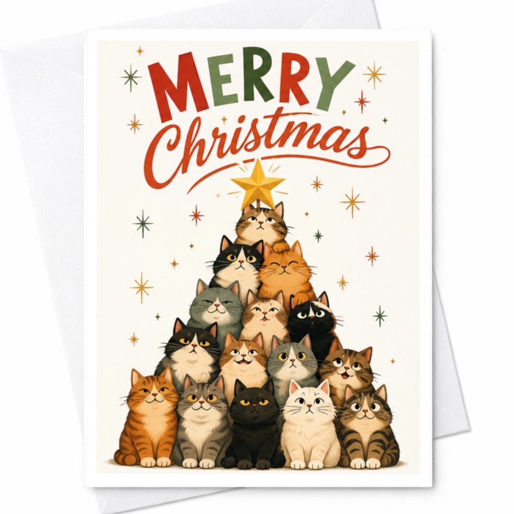Merry Christmas Cute Cat Christmas Card Adorable Holiday Greeting Card For Cat Lover Festive Animal Card With Cats C6436
