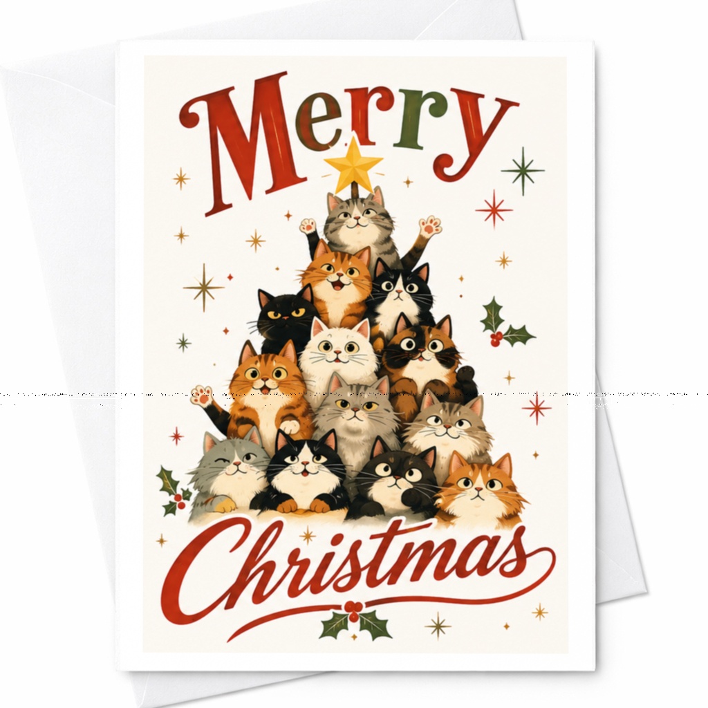 Merry Christmas Cat Tree Card Cute Holiday Greeting Card For Cat Lovers Festive Feline Christmas Card Animal Lover C6437