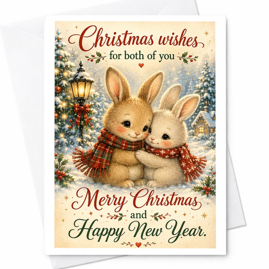 Christmas Wishes For Both Of You Merry Christmas And Happy New Year Card Cute Bunnies Holiday Greeting Card For Couple C6438