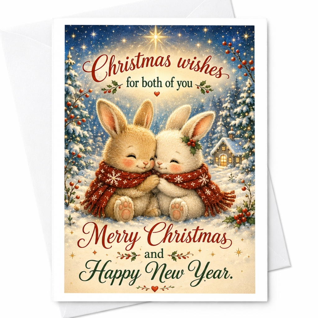 Christmas Wishes For Both Of You Merry Christmas And Happy New Year Card Cute Bunnies Winter Scene Holiday Greeting Card C6439
