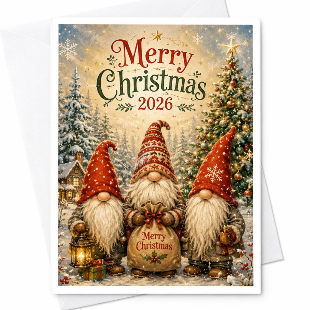 Merry Christmas 2026 Festive Gnome Christmas Card Holiday Greeting Card Cute Winter Scene For Family Friends C6442