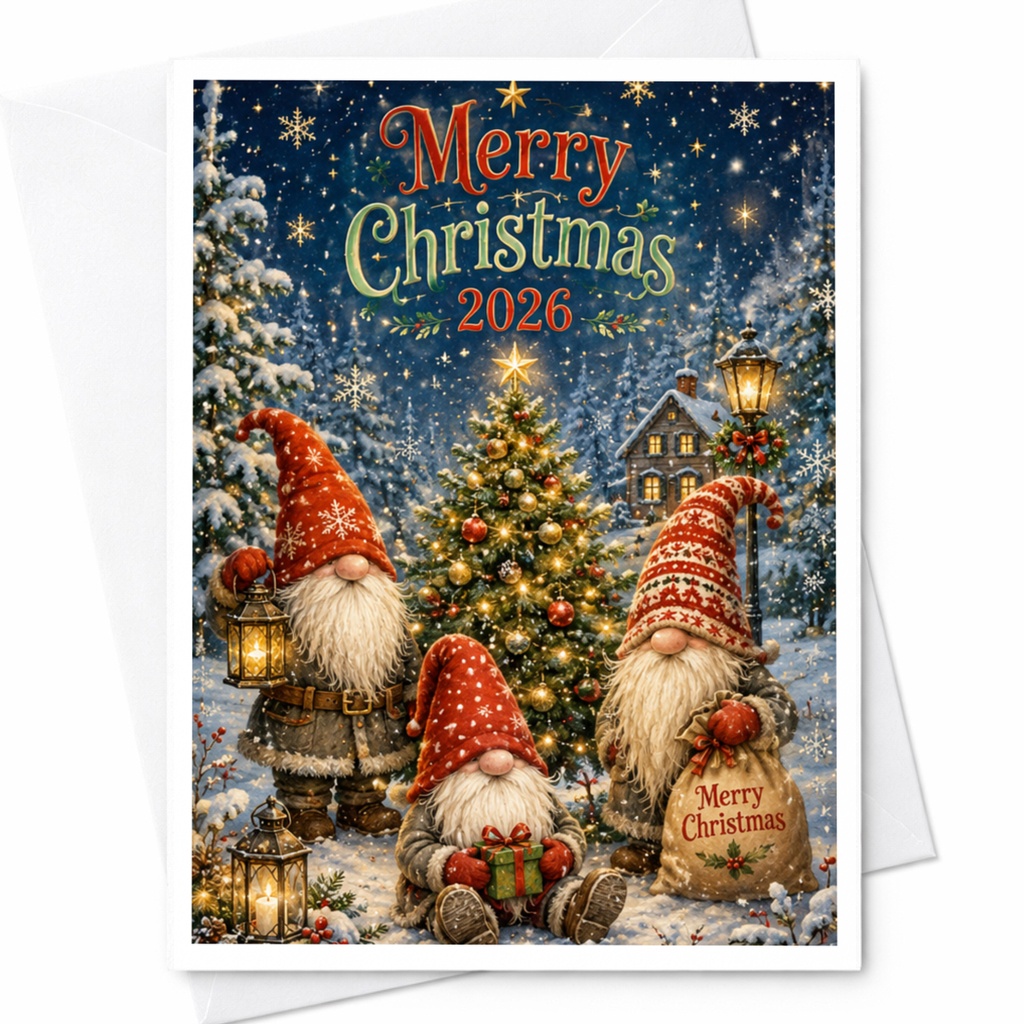 Merry Christmas 2026 Festive Gnome Christmas Card Holiday Greeting Card Cute Winter Scene For Family Friends C6443