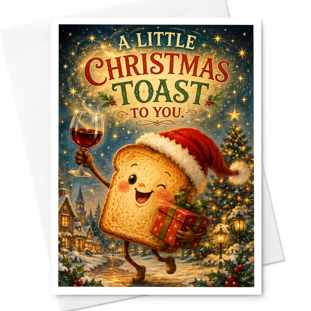 A Little Christmas Toast To You Funny Christmas Card Toast Character With Wine And Gift Cute Holiday Greeting Card C6447