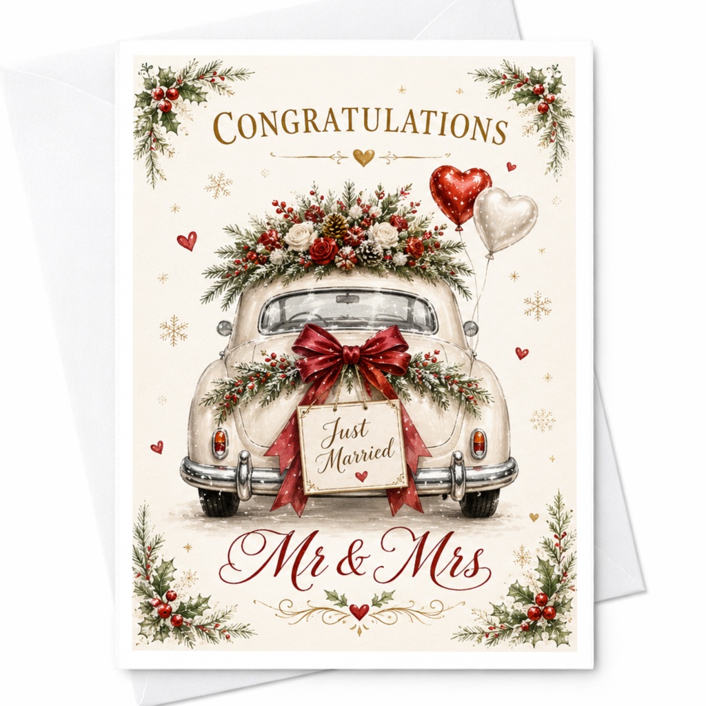 Congratulations Just Married Mr & Mrs Wedding Card Cute Car Illustration Newlyweds Marriage Celebration Greeting Card C6454