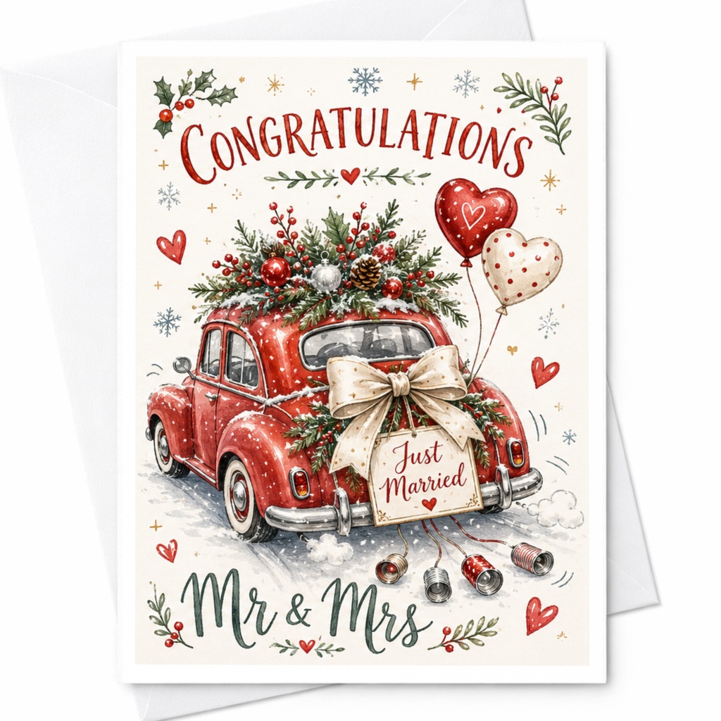 Congratulations Just Married Mr & Mrs Wedding Card Cute Red Car Illustration Newlyweds Greeting Card For Couple C6455