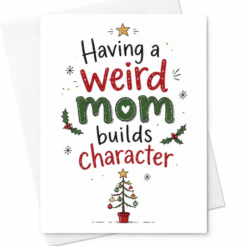 Having A Weird Mom Builds Character Christmas Card Funny Holiday Greeting Card For Mom Cute Xmas Card From Kids C6456