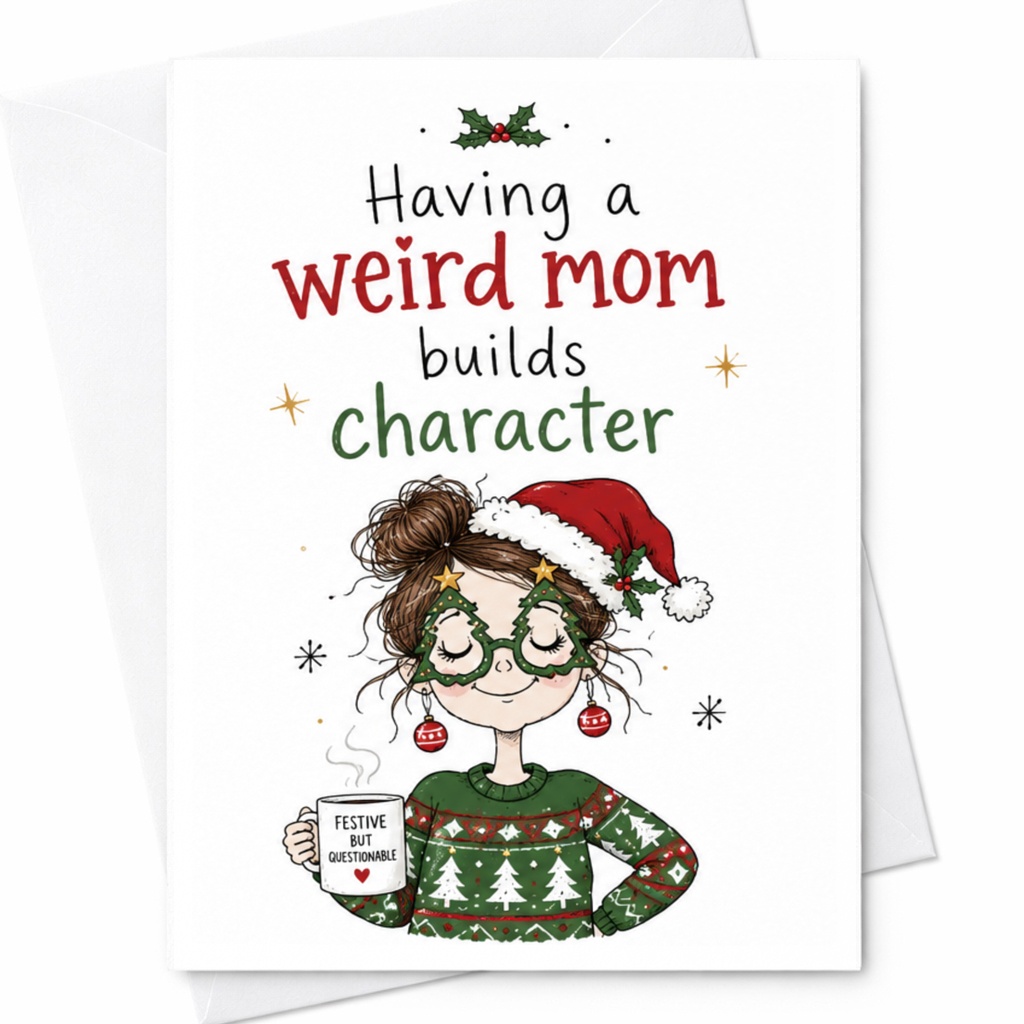 Having A Weird Mom Builds Character Funny Christmas Card Festive Mom Holiday Greeting Card For Mom From Kids Cute Xmas C6457