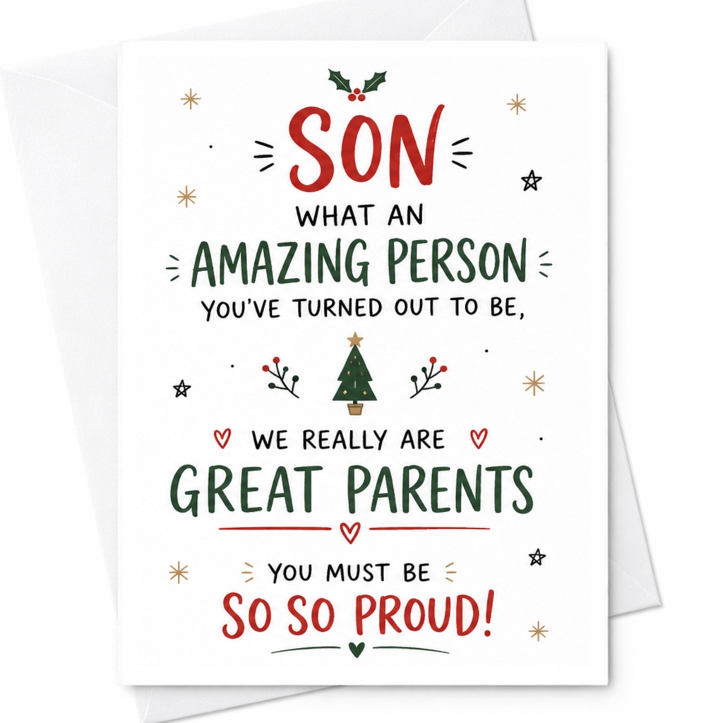 Son What An Amazing Person Christmas Card Funny Holiday Greeting For Son Proud Parents Festive Xmas Card C6459