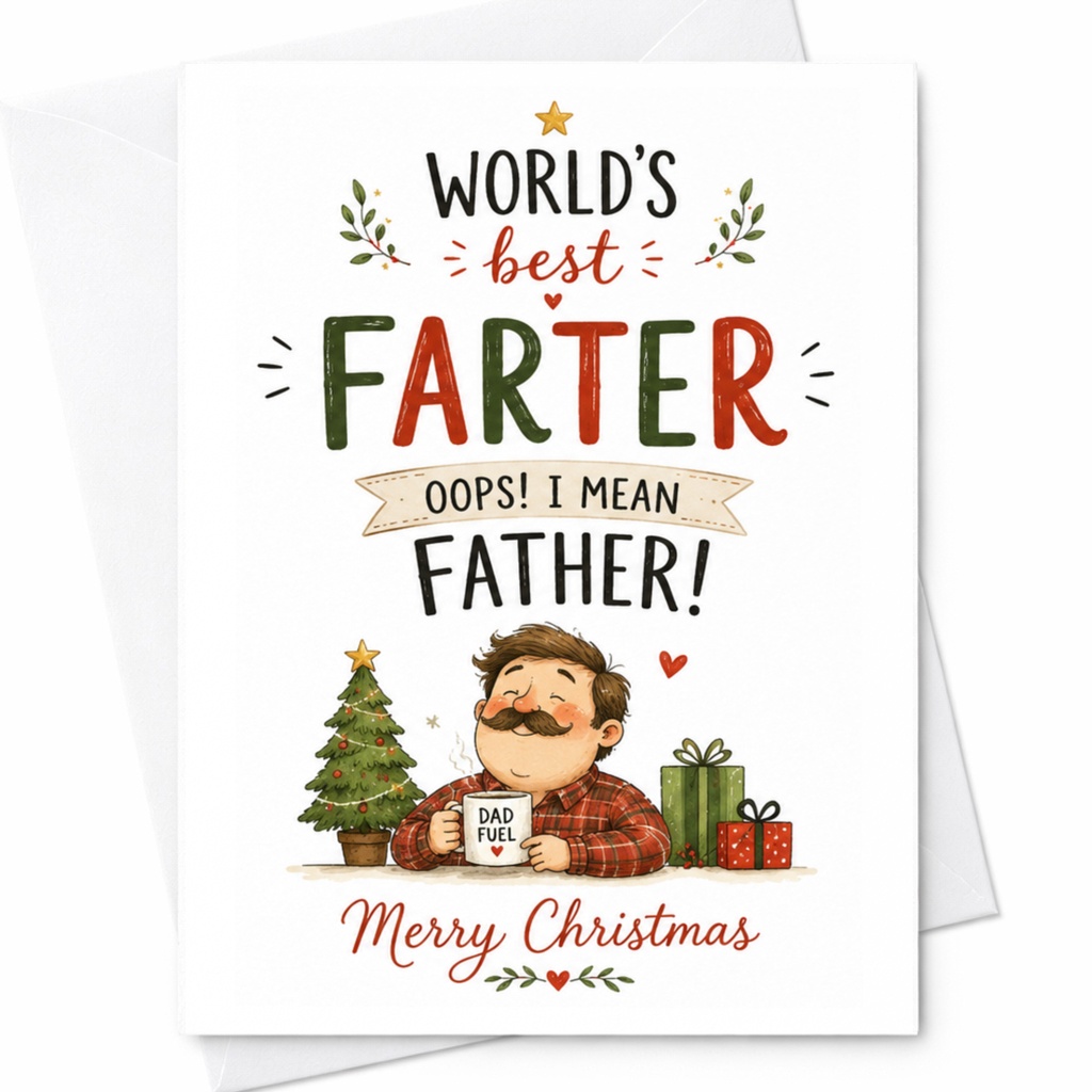 World's Best Farter Oops! I Mean Father! Merry Christmas Funny Dad Christmas Card Holiday Greeting For Father Cute Festive Card C6463