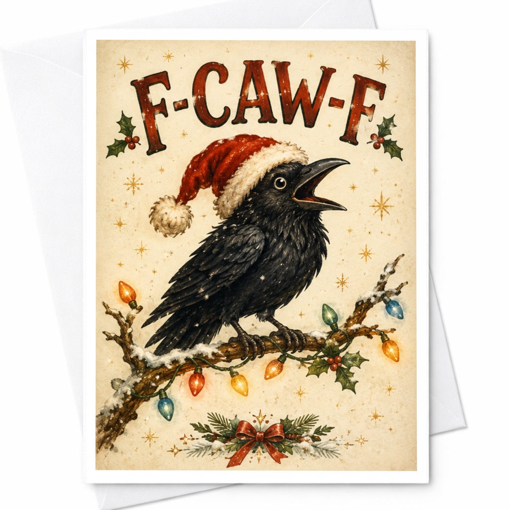 F-Caw-F Funny Christmas Card Crow With Santa Hat Holiday Lights Greeting Card For Bird Lover C6480