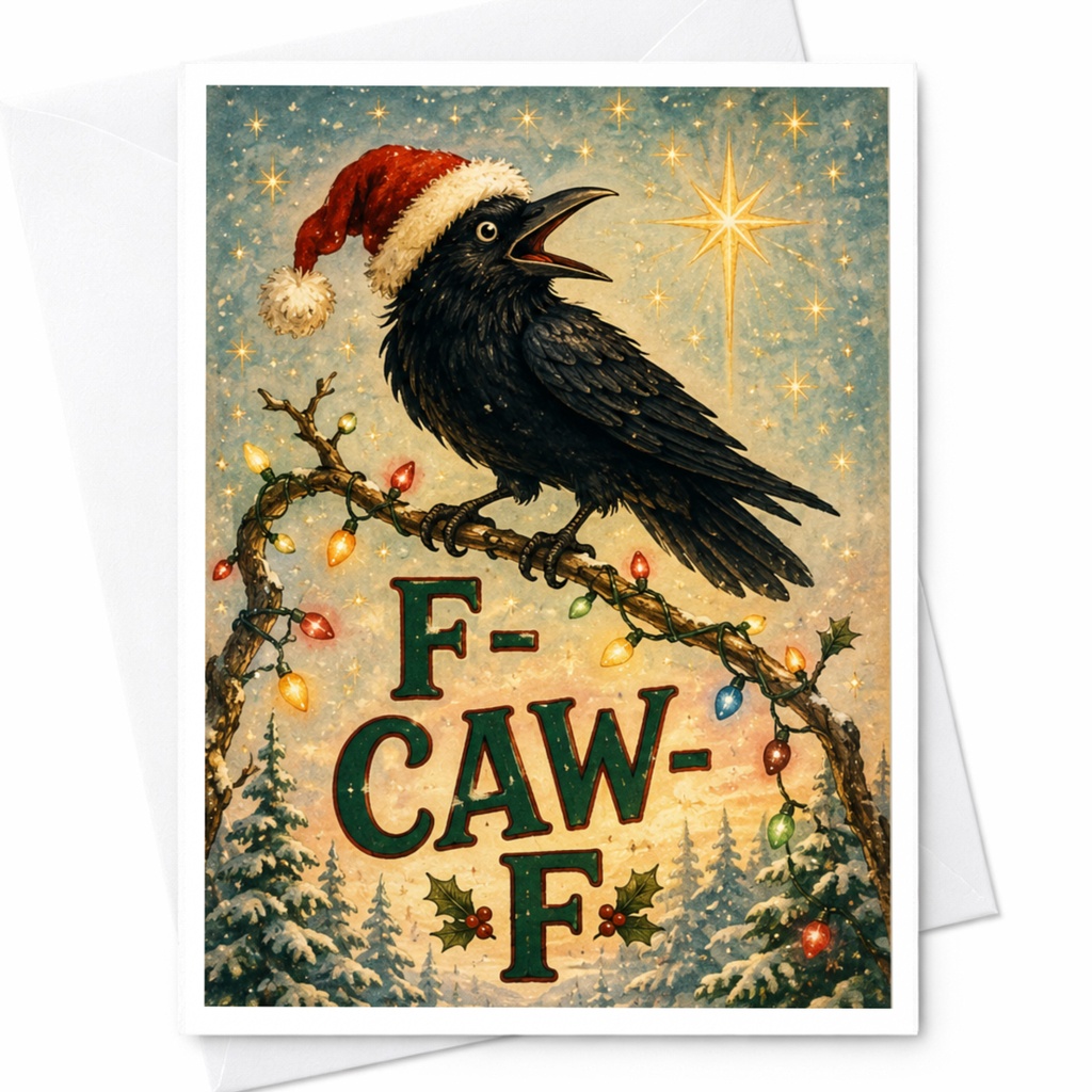 F-Caw-F Funny Christmas Card Crow With Santa Hat Holiday Greeting Card For Bird Lovers Cute Festive Card C6481