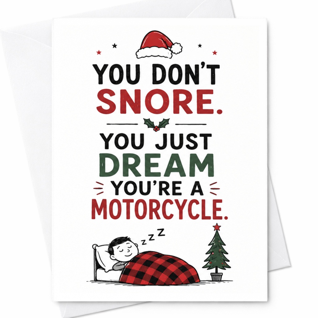You Don't Snore. You Just Dream You're A Motorcycle. Funny Christmas Card For Him Husband Boyfriend Cute Holiday Greeting Card C6488