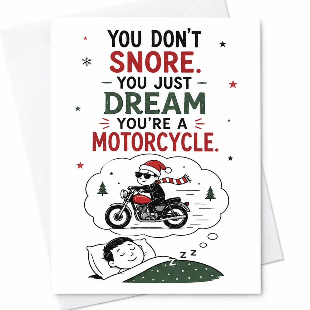 You Don't Snore. You Just Dream You're A Motorcycle. Funny Greeting Card For Him Husband Dad Motorcycle Lover Christmas Card C6489