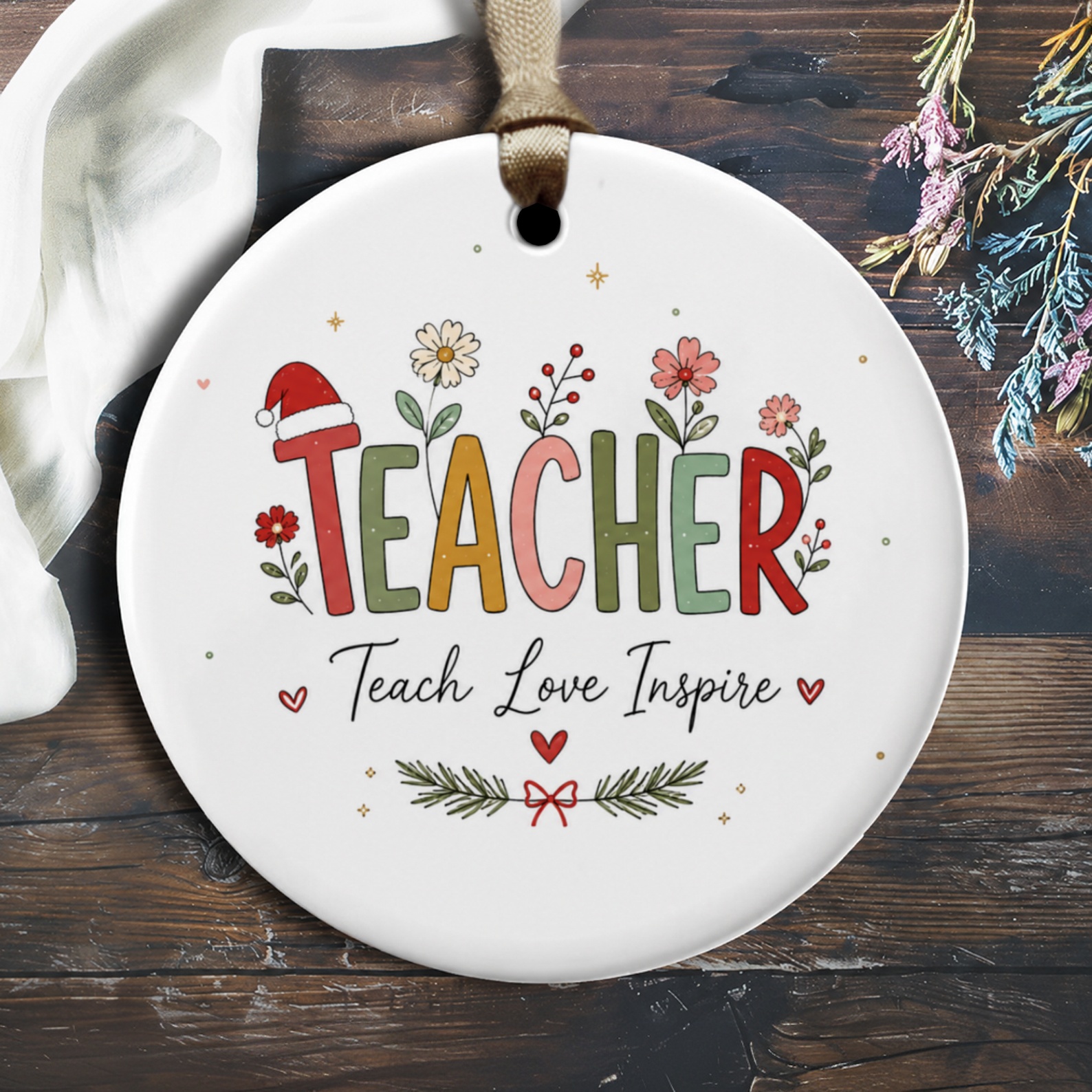 Teacher Teach Love Inspire Christmas Ornament Festive Teacher Gift Floral Holiday Decoration For Educators O1814
