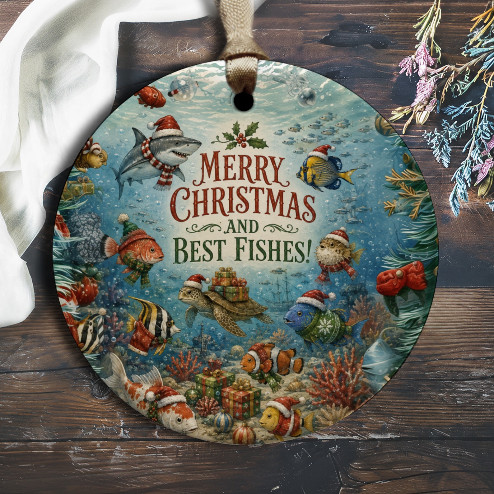 Merry Christmas And Best Fishes! Underwater Christmas Ornament Cute Holiday Decor Fish Lovers Gift 125 O1815