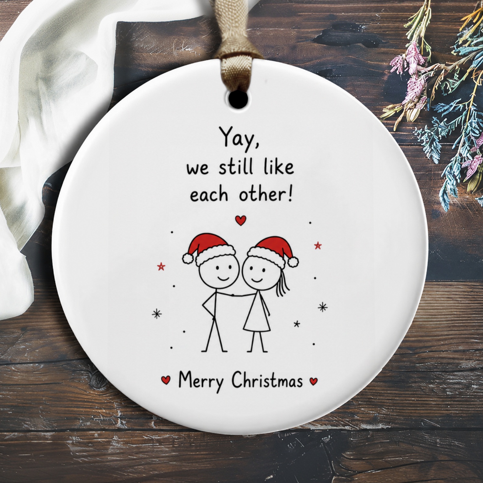 Yay, We Still Like Each Other! Merry Christmas Ornament Cute Couple Holiday Decor Stick Figures Santa Hats Xmas Gift O1831