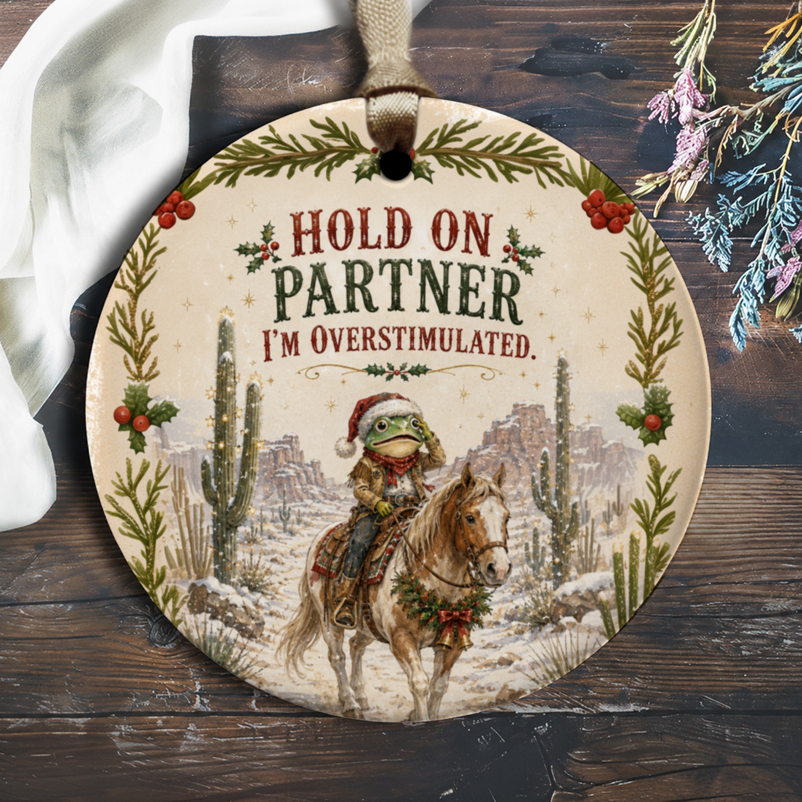 Hold On Partner I'm Overstimulated Funny Christmas Ornament Frog On Horse Holiday Decor Western Theme Cute Gift O1817