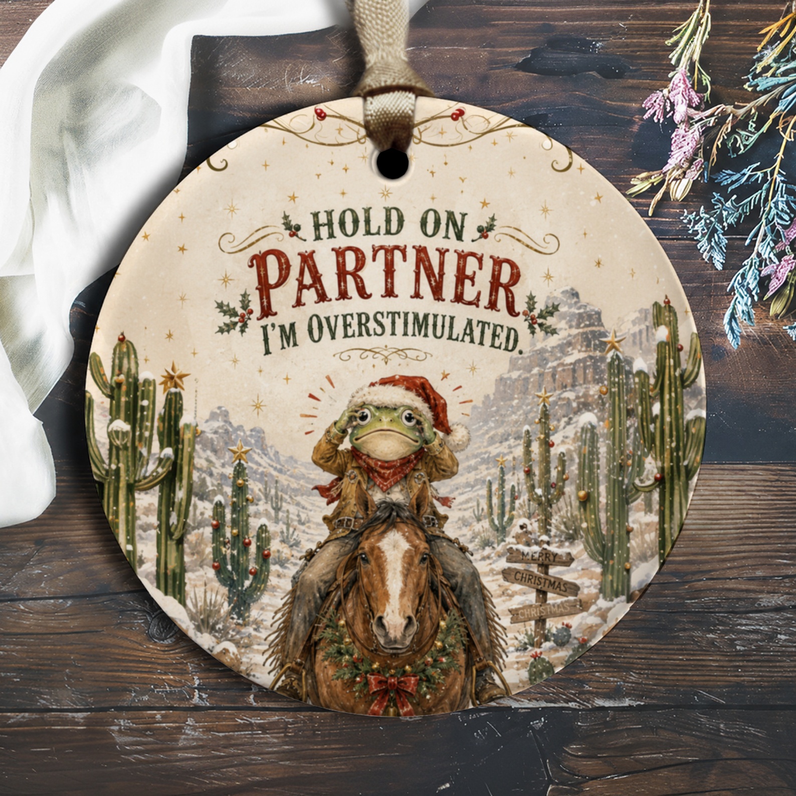 Hold On Partner I'm Overstimulated Funny Christmas Ornament Frog On Horse Holiday Decor Western Theme O1820