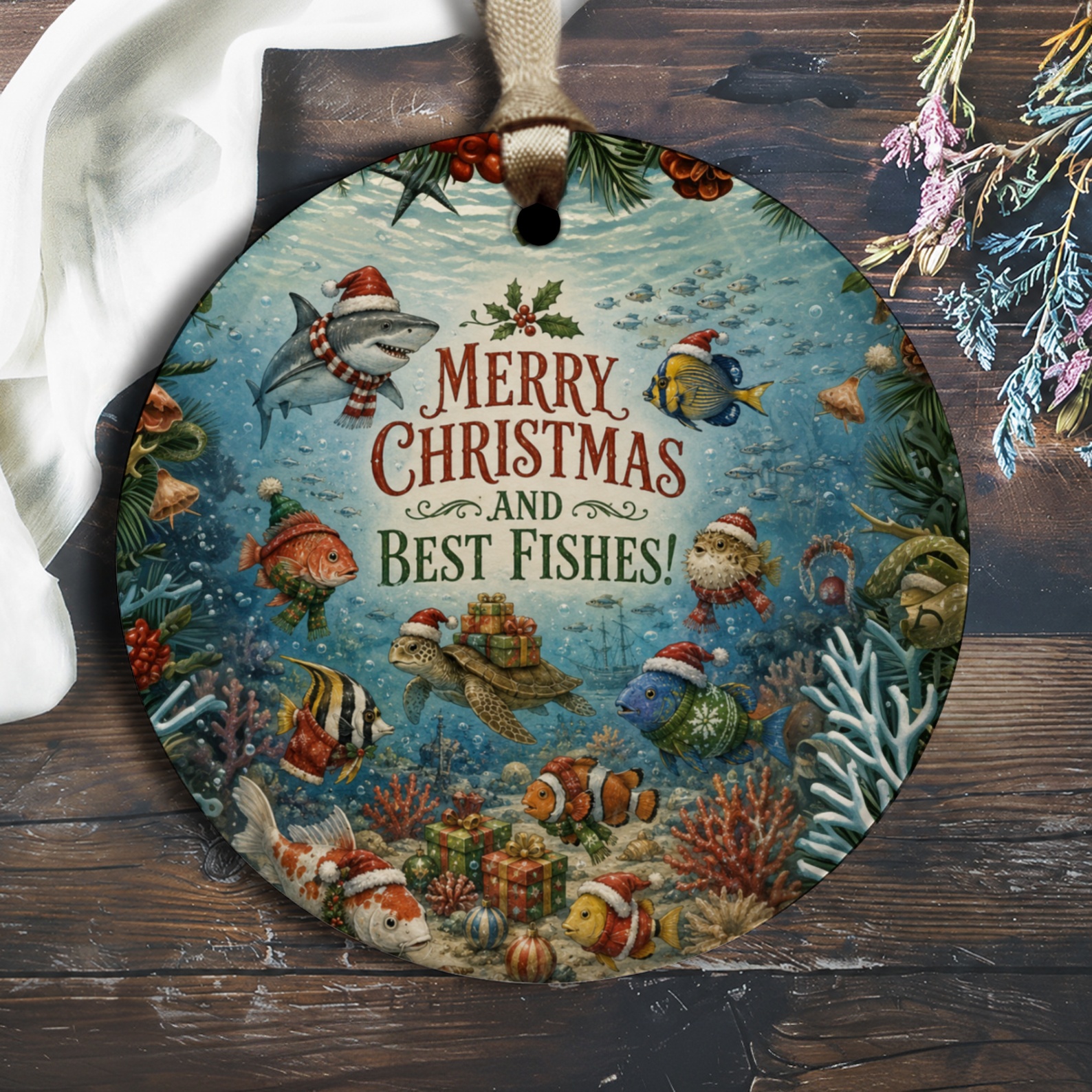Merry Christmas And Best Fishes! Festive Ocean Ornament Underwater Holiday Decor Sea Life Christmas Decoration Gift O1822