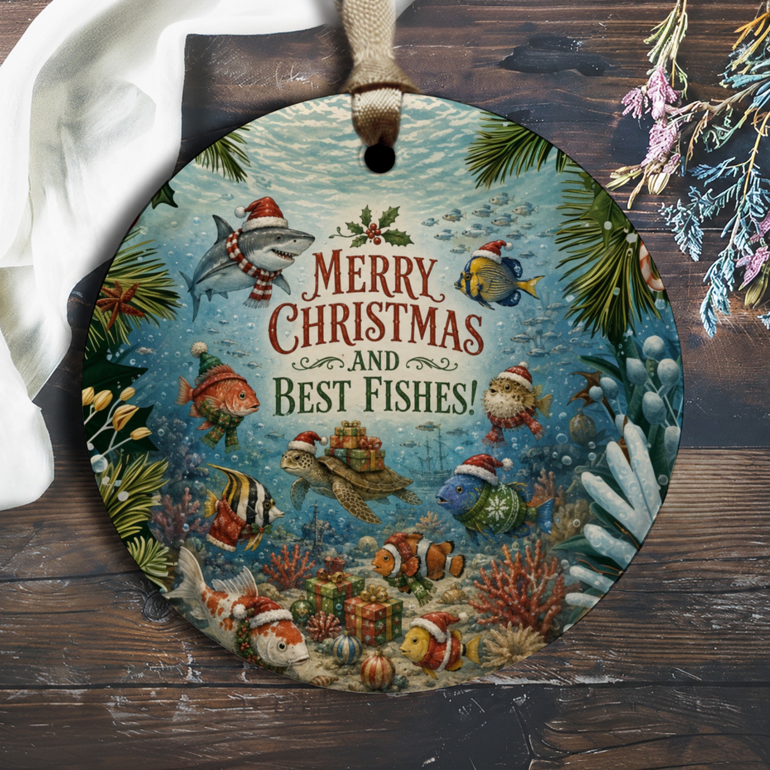 Merry Christmas And Best Fishes! Festive Ocean Ornament Christmas Decor Underwater Holiday Decoration Sea Life Theme O1845