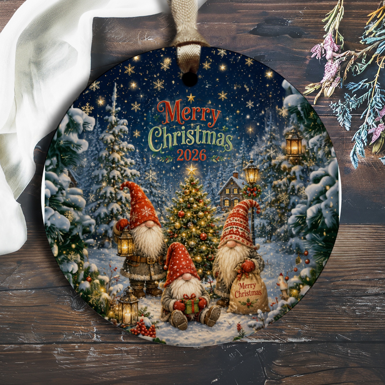 Merry Christmas 2026 Ornament Festive Gnome Decoration Holiday Tree Decor Winter Wonderland Scene Christmas Ornament O1884