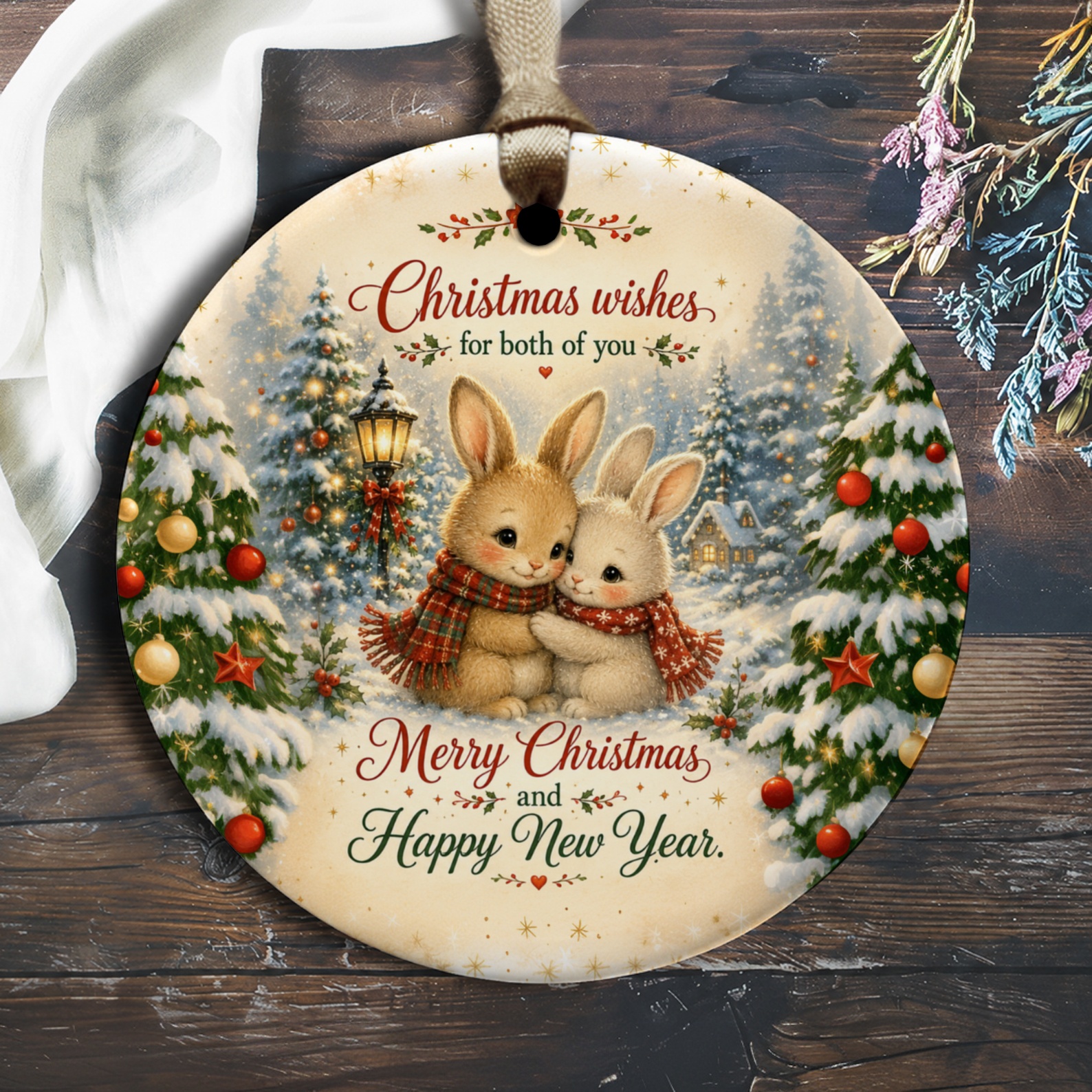 Christmas Wishes Ornament Cute Bunnies Winter Scene Merry Christmas Happy New Year Holiday Decor Gift O1890