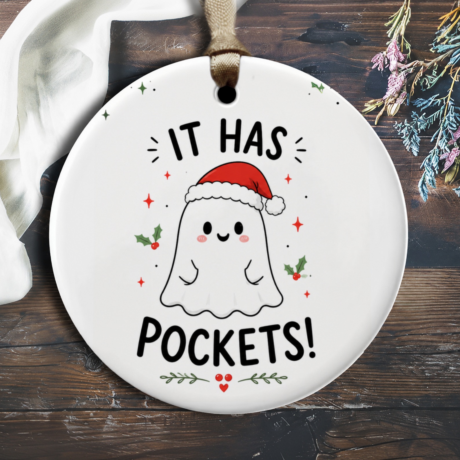 It Has Pockets! Cute Ghost Christmas Ornament Funny Holiday Decor Santa Hat Festive Tree Decoration Gift For Her O1850