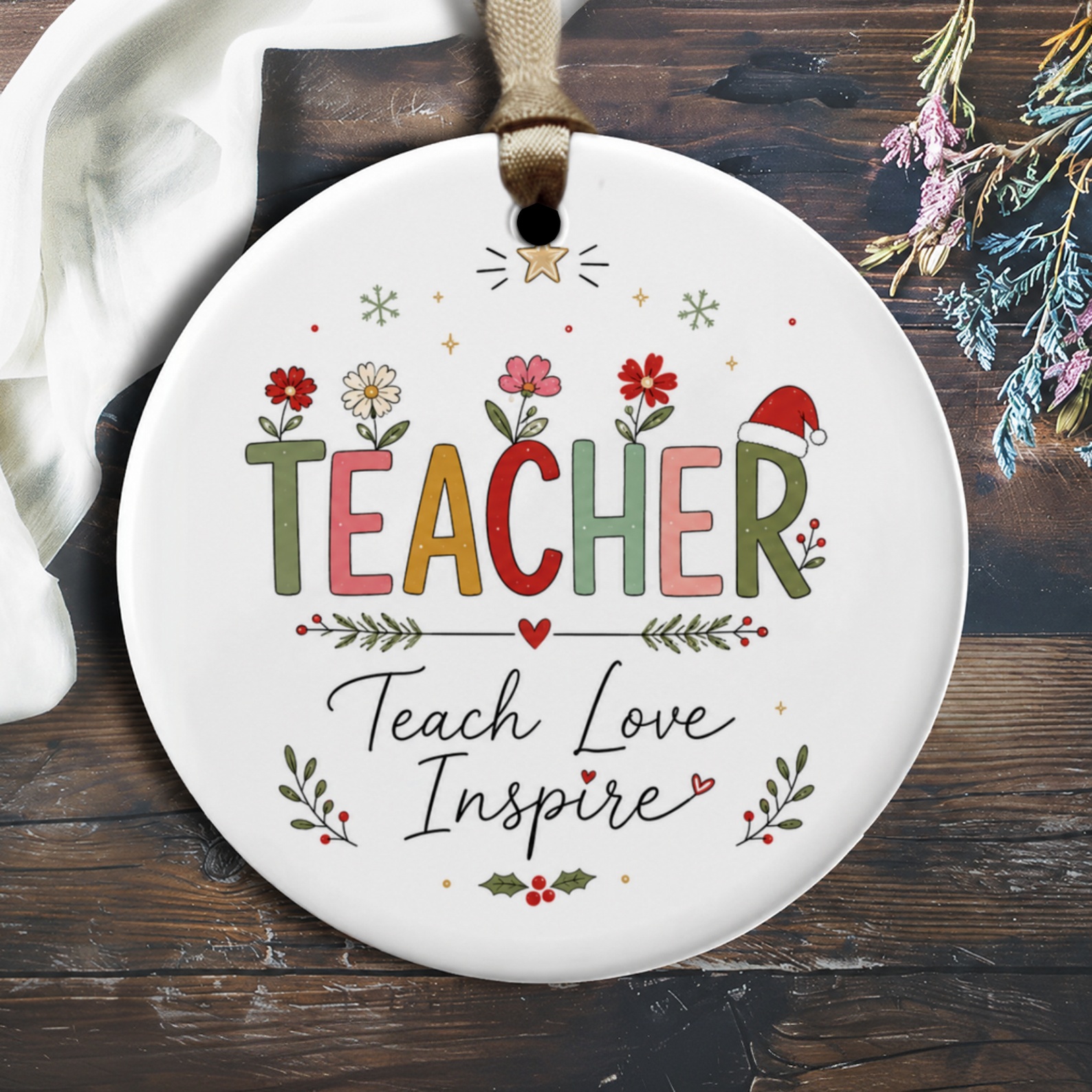 Teacher Teach Love Inspire Christmas Ornament Holiday Gift For Teacher Floral Festive Decoration Educator Appreciation O1855