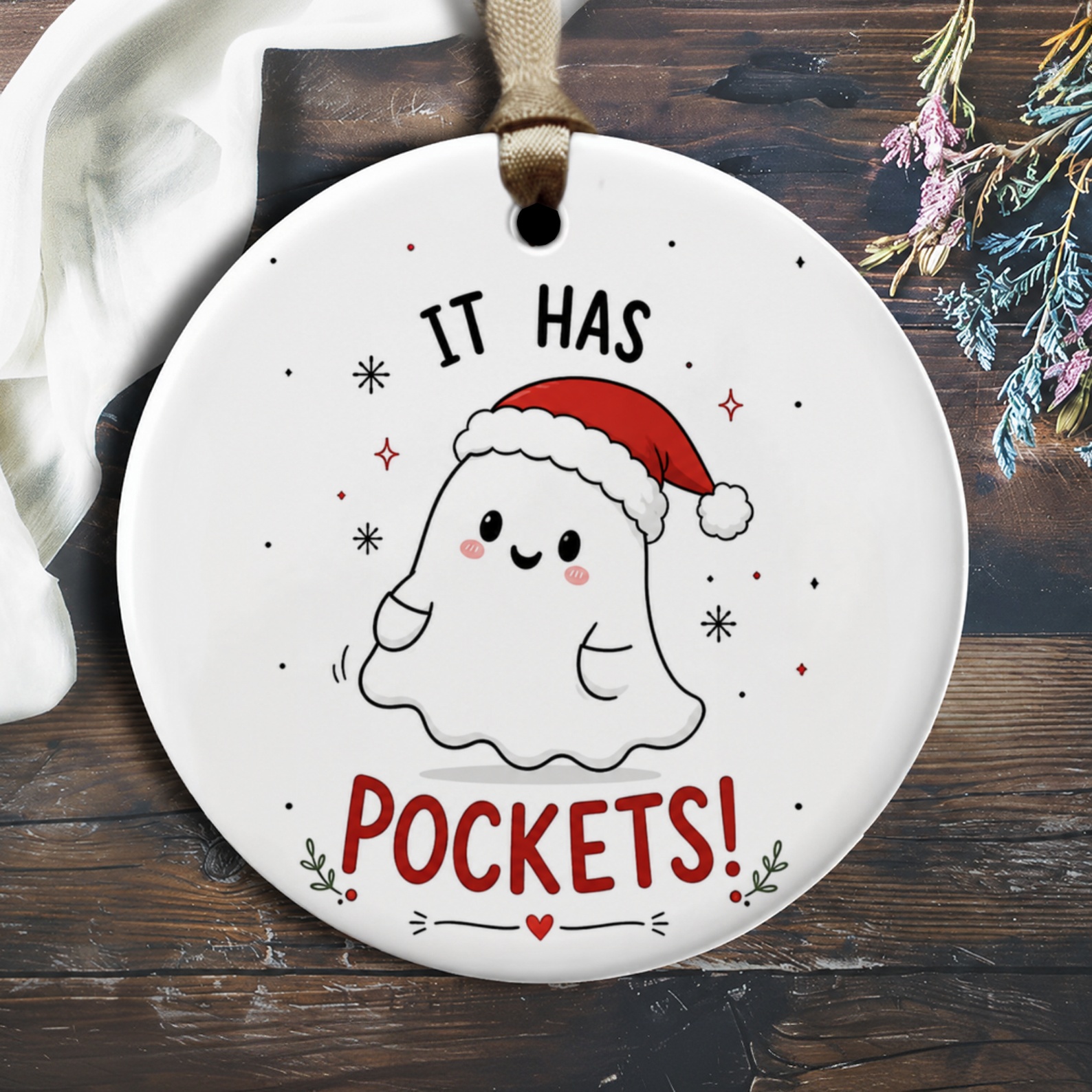 It Has Pockets! Cute Ghost Ornament Christmas Decor Funny Holiday Gift For Her Festive Santa Hat Decoration O1862