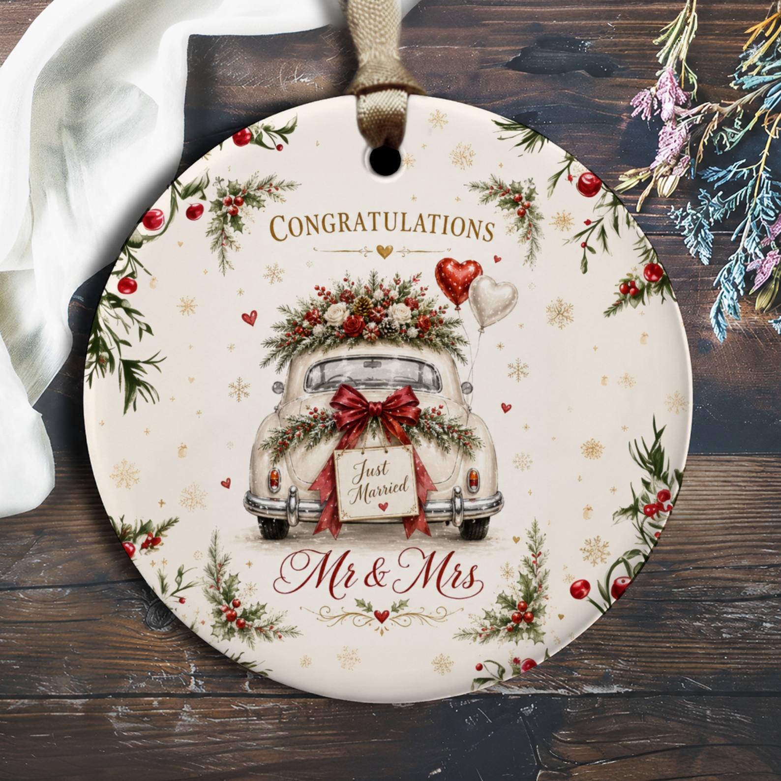 Congratulations Just Married Mr & Mrs Wedding Ornament Vintage Car Floral Decor Newlyweds Gift Keepsake O1878
