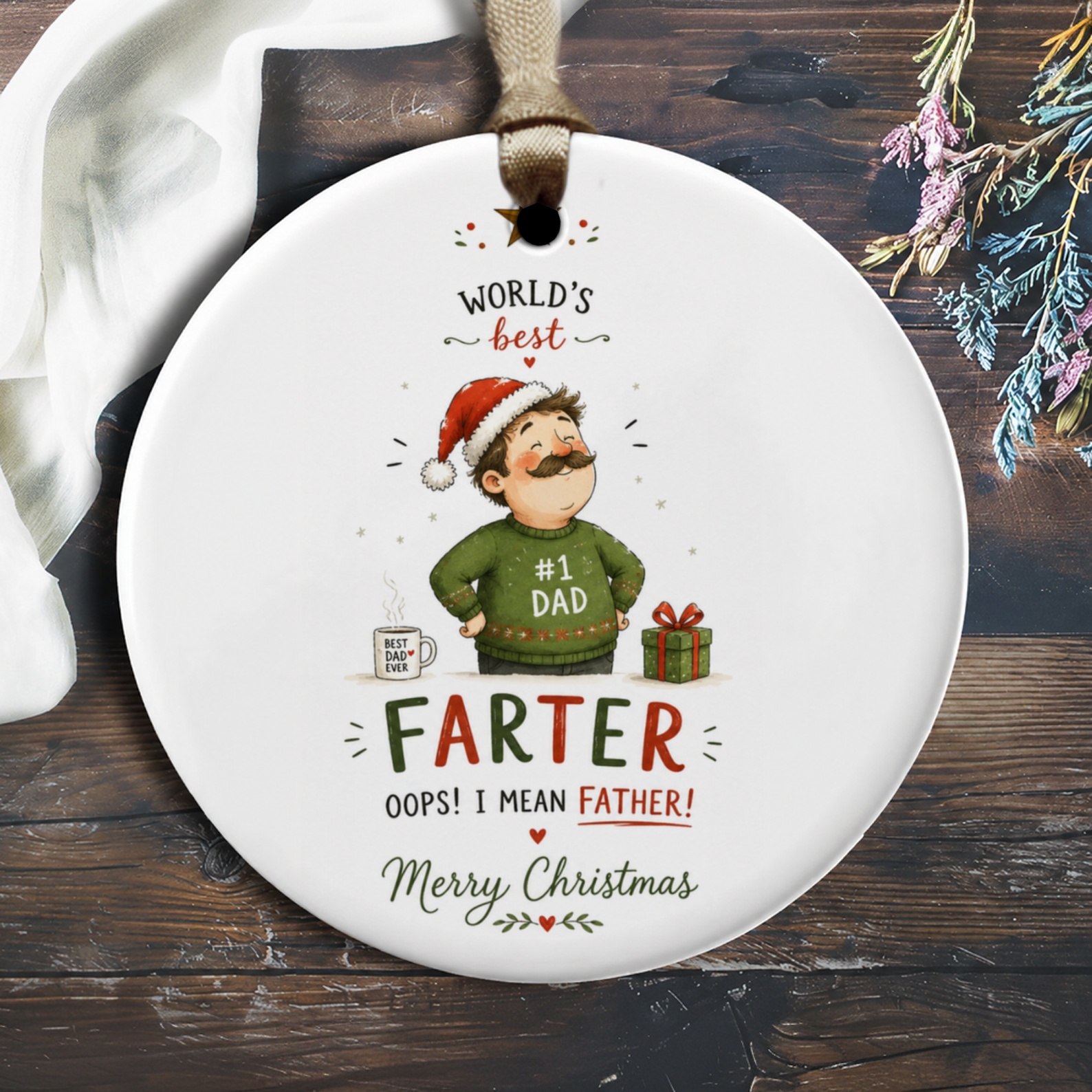 World's Best #1 Dad Farter Oops! I Mean Father! Merry Christmas Funny Dad Ornament Xmas Gift For Him Holiday Decor O1887